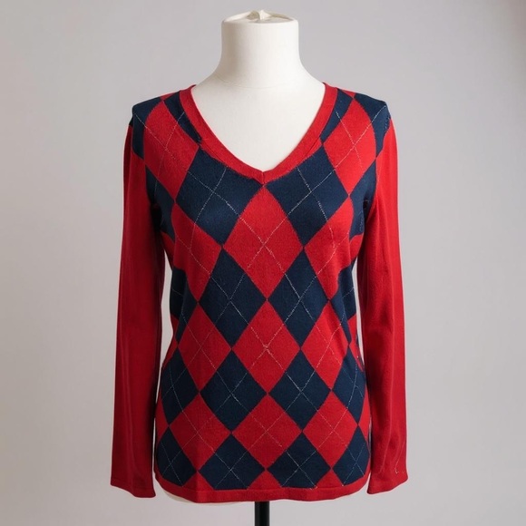 Tommy Hilfiger Sweaters - VTG Tommy Hilfiger Red & Navy Argyle V-Neck Sweater Soft Cotton Gold Threading